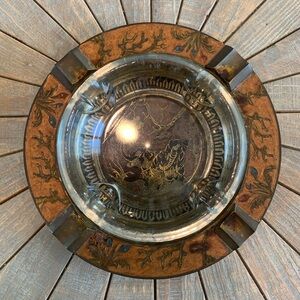 Vintage solid brass, enamel painted ashtray elephants design w/glass insert.